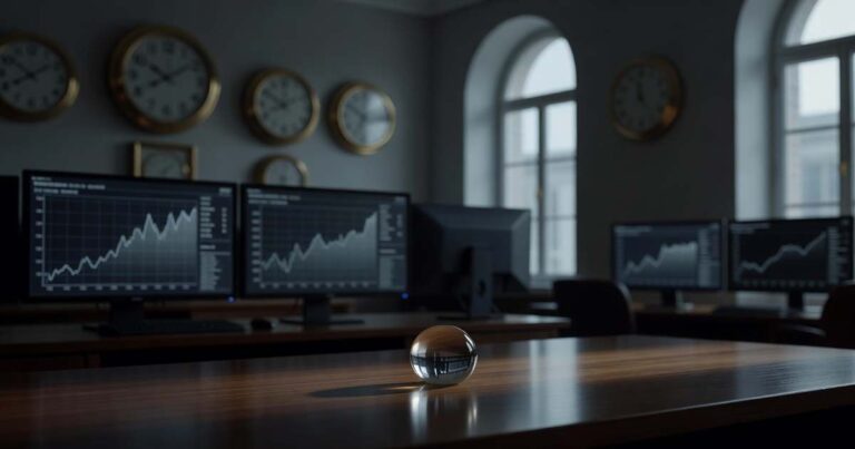 Dimly lit institutional bond trading desk before dawn with dark monitors showing softly blurred line graphs, a bank of brass multi-time-zone wall clocks mounted behind the desk, and a clear glass globe paperweight resting on polished dark wood under cool blue-grey light from tall arched windows.