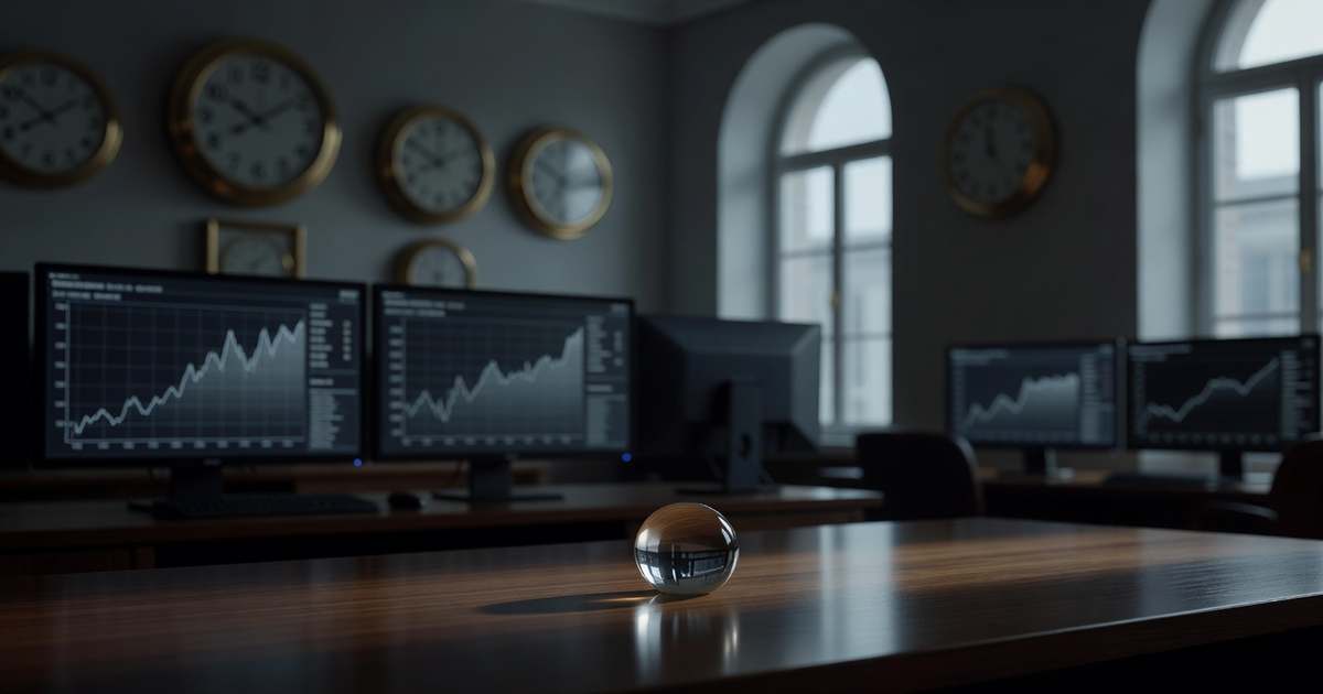 Dimly lit institutional bond trading desk before dawn with dark monitors showing softly blurred line graphs, a bank of brass multi-time-zone wall clocks mounted behind the desk, and a clear glass globe paperweight resting on polished dark wood under cool blue-grey light from tall arched windows.