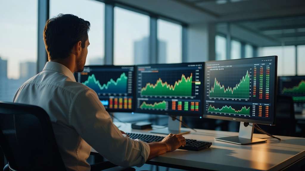 Over the shoulder view of a government bond trader seated at a fixed income desk in a modern financial office with three dark monitors showing blurred out of focus green and amber line charts and unreadable number grids, the trader in a white shirt with sleeves rolled up resting one hand on a keyboard, early morning light coming through floor to ceiling windows behind the desk