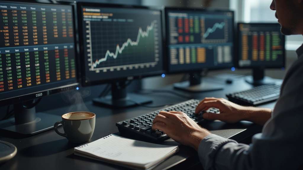 Over the shoulder view of a fixed income trader in a grey shirt seated at a money market desk with both hands on a black mechanical keyboard, four dark monitors ahead showing blurred out of focus amber green and red number grids and a rising white line chart, a steaming ceramic coffee cup and an open spiral notepad on the desk beside the keyboard in cool morning light