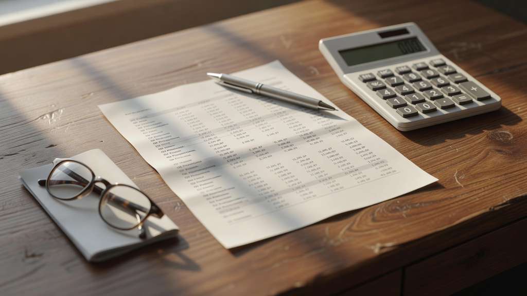 Overhead view of a wooden desk in warm afternoon light holding a printed financial table of blurred unreadable numeric columns with a silver mechanical pencil resting diagonally across it, a grey desk calculator at the upper right and a folded pair of round reading glasses on a notebook at the lower left, soft window shadows falling across the page