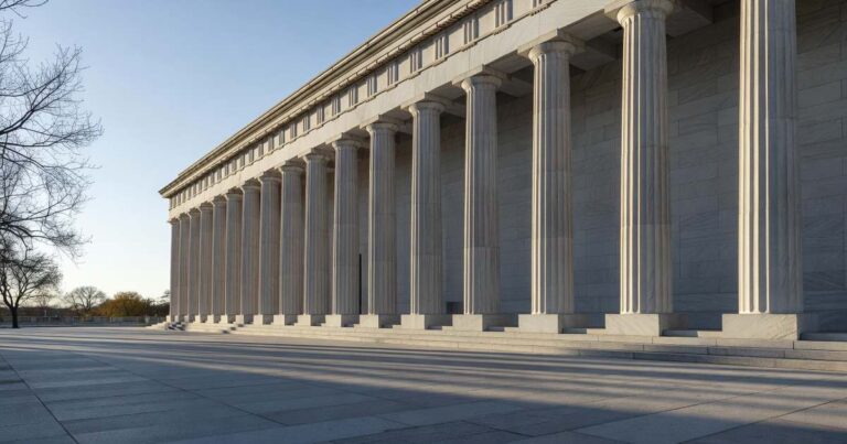 Wide view of a large neoclassical United States federal government building photographed from across an empty paved plaza in early morning light, a long colonnade of tall fluted stone columns receding into the distance and casting deep diagonal shadows across the pavement, bare tree branches entering at the left edge against a clear pale blue sky