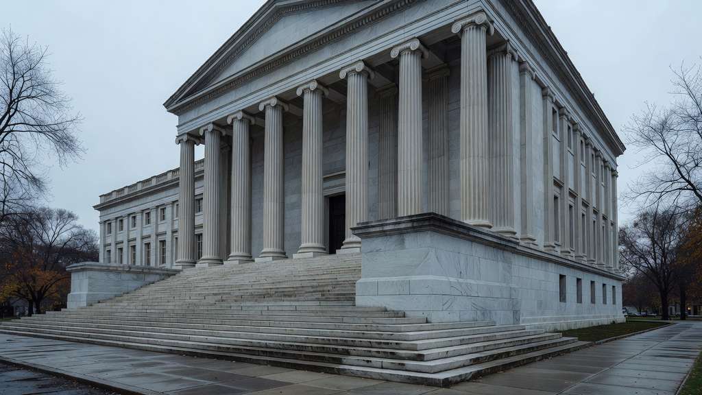 Grand neoclassical United States federal government building photographed from the public sidewalk in cool overcast early morning light, showing tall fluted limestone columns above a wide stone staircase, with bare autumn tree branches at the edge of the frame and wet pavement reflecting the gray sky