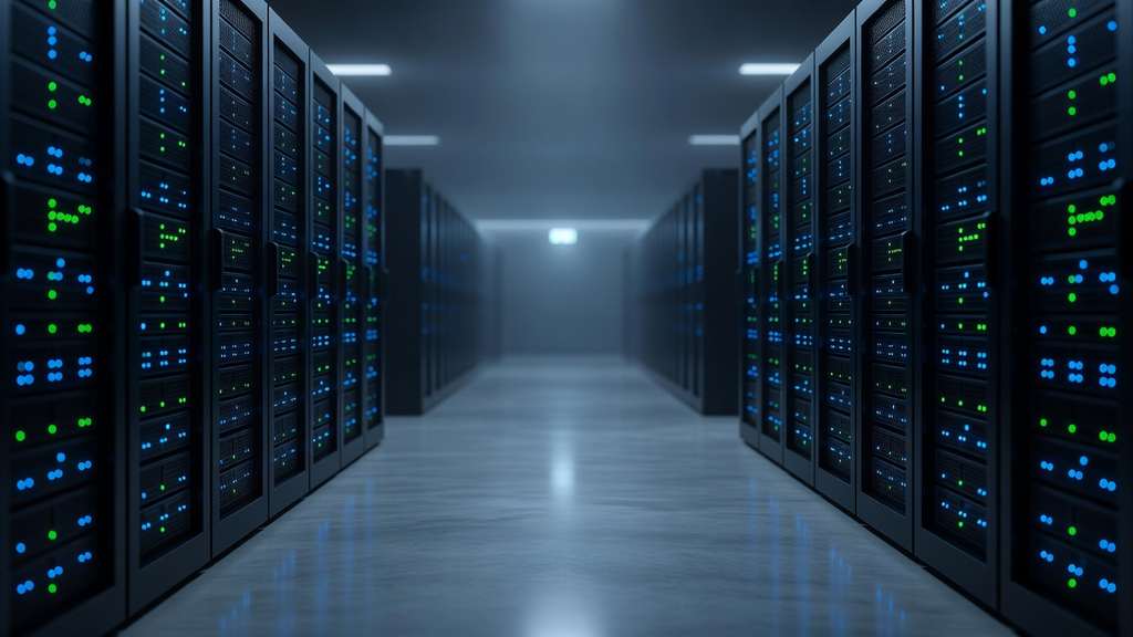 Dim corridor inside a large modern data center with two long rows of tall dark equipment racks receding into perspective, hundreds of small blue and green indicator lights on the rack faces, a polished reflective gray floor, and cold blue ambient light with a faint white glow at the far end of the aisle