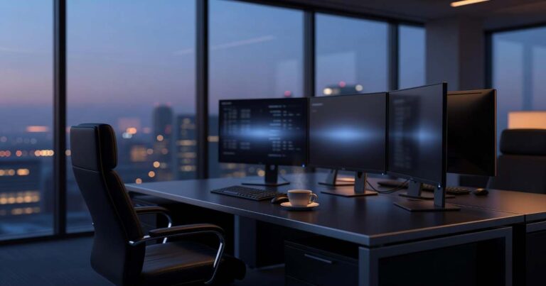 Empty institutional bond trading desk at dusk with three large dark computer monitors glowing faint cool blue, a black leather office chair turned away from the desk, a white ceramic coffee cup beside a keyboard, and floor to ceiling windows behind showing a blurred city skyline at blue hour