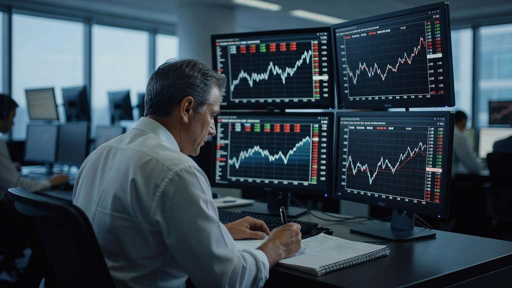 Over the shoulder view of a bond trader seated at a government securities desk in a dim trading room at dawn, three dark monitors showing ascending and descending line graphs and columns of figures, cool blue window light behind the desk, and a paper notepad and pen resting beside the keyboard