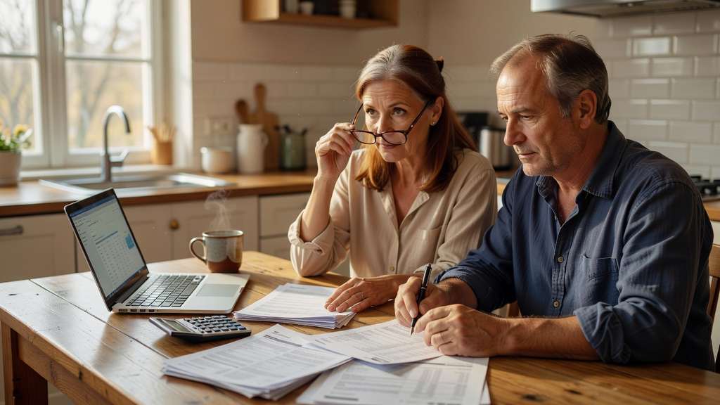 A woman and a man seated at a sunlit kitchen table on a weekday morning reviewing household paperwork and bank statements spread across the table beside a calculator, an open laptop and a ceramic coffee mug, soft natural light coming through the window behind them in a warm domestic interior