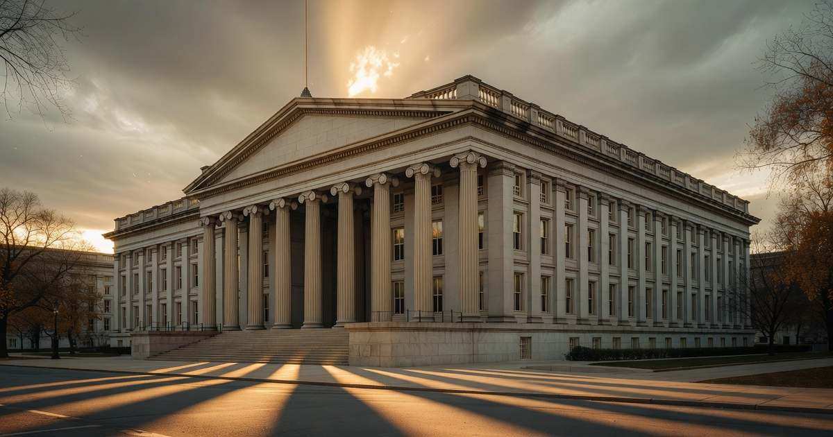 Wide exterior view of the neoclassical United States Treasury Department building in Washington photographed from across the street in warm late afternoon October light with tall stone columns casting long shadows down the facade, bare autumn tree branches entering the frame at one edge, and an overcast sky broken by a band of gold light above the roofline