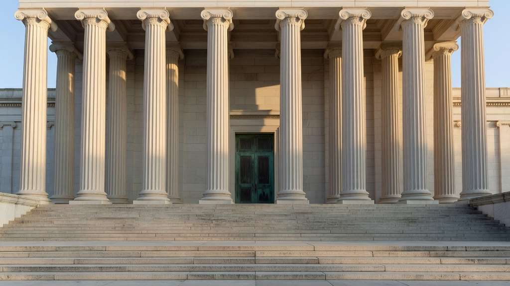 Neoclassical limestone facade of a large United States federal finance building photographed in warm late afternoon side light with tall fluted stone columns casting deep shadows, heavy bronze doors at the center, wide granite steps leading up, and a clear pale blue sky overhead