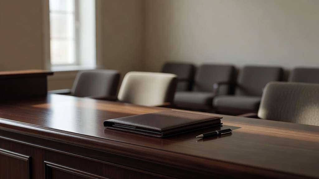 Quiet bank branch lending desk with a polished dark wood counter holding a closed leather document folder and a single pen, soft natural daylight entering from a tall window on the left, and blurred rows of empty upholstered waiting chairs in the warm neutral background