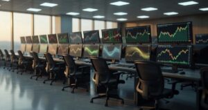 Wide view of an empty institutional bond trading floor at dawn with long rows of black ergonomic chairs facing banks of dark multi monitor workstations showing blurred green and amber line graphs, polished gray floor reflecting overhead light panels, and tall windows filled with soft morning haze