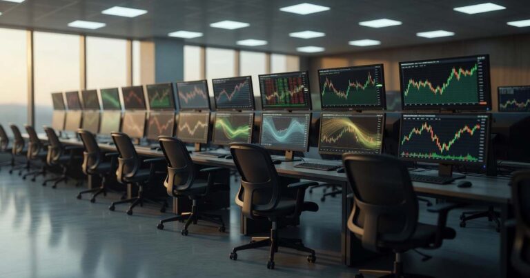 Wide view of an empty institutional bond trading floor at dawn with long rows of black ergonomic chairs facing banks of dark multi monitor workstations showing blurred green and amber line graphs, polished gray floor reflecting overhead light panels, and tall windows filled with soft morning haze