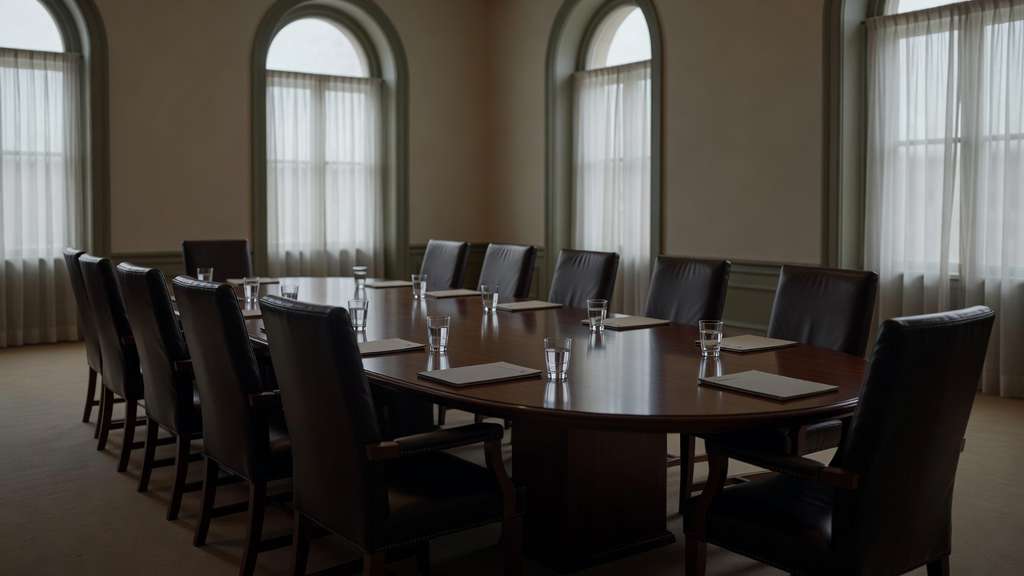Empty formal boardroom inside a government institution with a long polished dark walnut oval conference table ringed by twelve high backed leather chairs each place set with a water glass and a closed paper folder beneath tall arched windows with sheer curtains admitting soft grey morning light