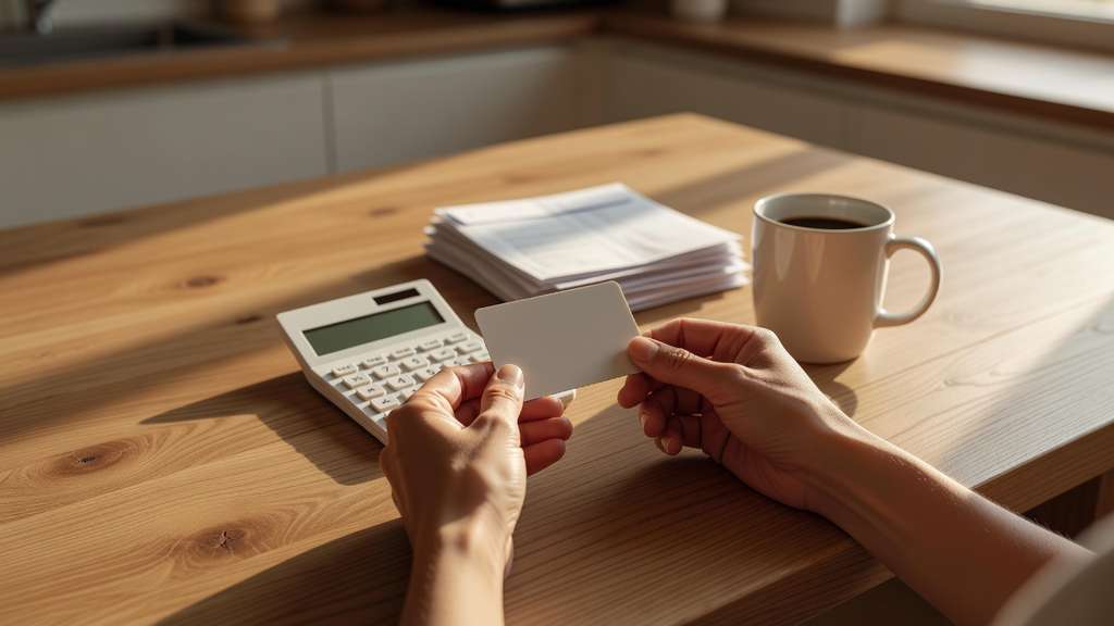Overhead view of a pair of adult hands at a light oak kitchen table holding a plain unbranded payment card beside a simple desk calculator with a stack of folded paper envelopes and a white ceramic coffee mug nearby in warm late afternoon window light