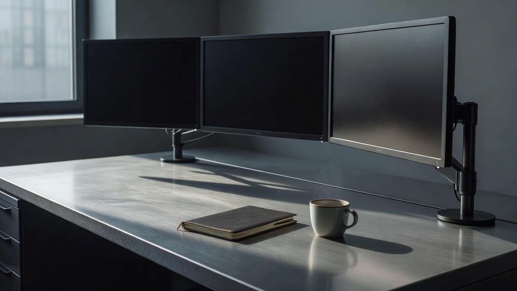 A single empty institutional trading desk photographed at a low three quarter angle with three dark blank monitors mounted on articulated arms, a closed leather notebook and a ceramic coffee cup resting on a brushed steel work surface, and cool morning window light entering from the left casting deep shadows across a slate gray room