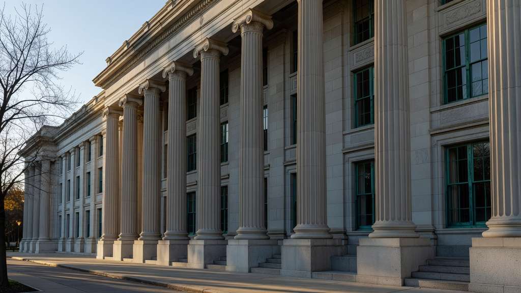 Exterior facade of a neoclassical American government finance building photographed from the public sidewalk in late afternoon autumn light, showing tall fluted limestone columns, a deep shadowed portico, bronze window frames, and bare tree branches entering the frame at one edge beneath a clear pale sky with no people present