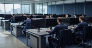 Wide view of a modern institutional fixed income trading floor at midday with long rows of desks and dark blank monitors facing away from the camera, several traders in business attire seen from behind in soft focus, and tall floor to ceiling windows admitting diffused overcast daylight across a muted navy and gray interior