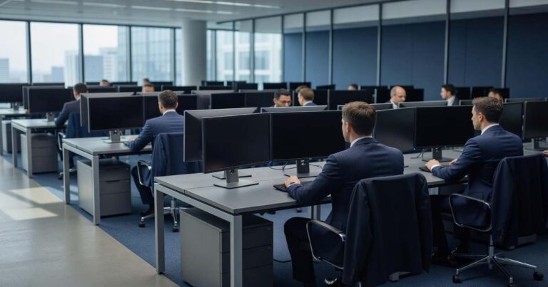 Wide view of a modern institutional fixed income trading floor at midday with long rows of desks and dark blank monitors facing away from the camera, several traders in business attire seen from behind in soft focus, and tall floor to ceiling windows admitting diffused overcast daylight across a muted navy and gray interior