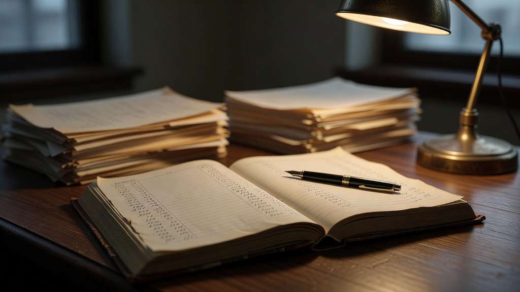 Close up of an open hardbound government accounting ledger on a dark walnut desk with faint ruled columns of handwritten figures, a worn brass desk lamp casting warm pooled light from the upper right, a black fountain pen resting in the gutter of the page and stacks of manila folders blurred in the background
