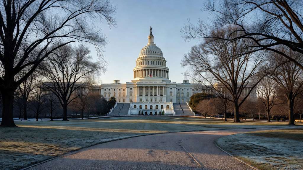 The United States Capitol dome photographed at a distance through the bare branches of winter trees on a cold clear morning with pale blue sky, long low golden sunlight raking across the white stone and a wide empty lawn with a gravel path in the foreground