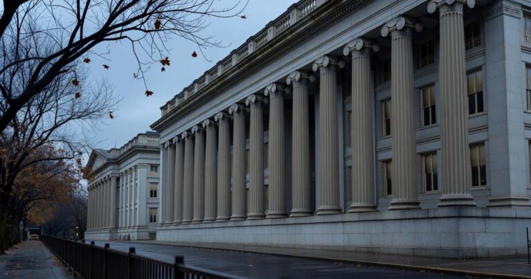 Wide exterior view of the neoclassical United States Treasury building in Washington DC photographed from across the street on an overcast late autumn morning with tall fluted stone columns running the length of the colonnade, bare maple branches framing the left edge, wet dark pavement in the foreground and a muted grey blue sky overhead