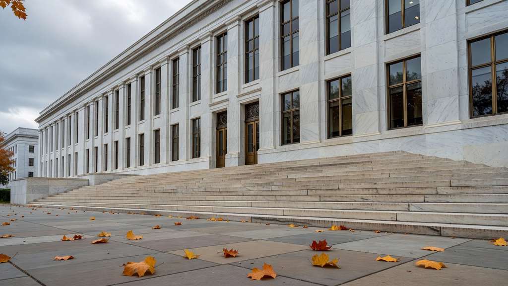 White marble neoclassical facade of a United States central bank headquarters building photographed from the sidewalk on an overcast late October afternoon, tall bronze framed windows in even rows above a wide shallow flight of limestone steps, with scattered amber and orange maple leaves across the empty stone plaza in the foreground