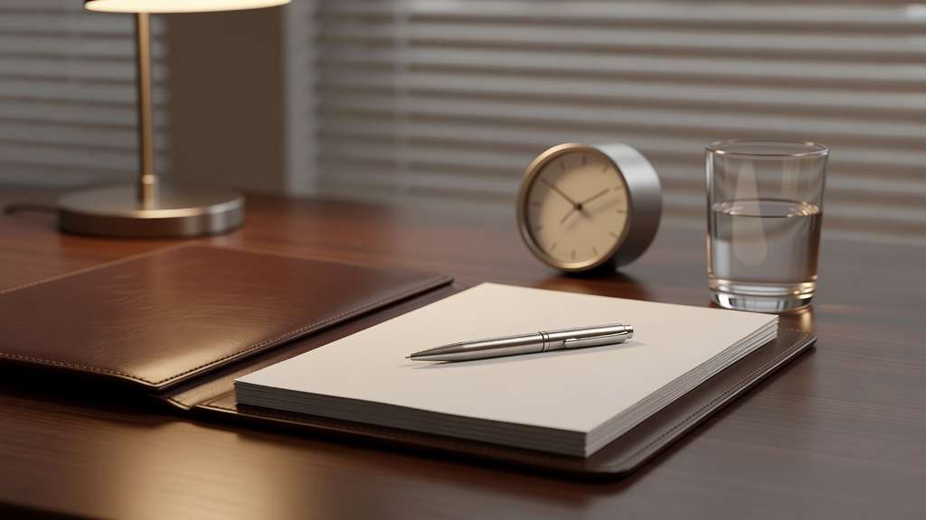 Close view of a tidy bank lending office desk with an open brown leather portfolio holding a stack of blank white paper, a slim silver pen resting across the top sheet, a round brushed metal desk clock and a glass of water behind it, warm lamp light from the left and softly blurred window blinds in the background
