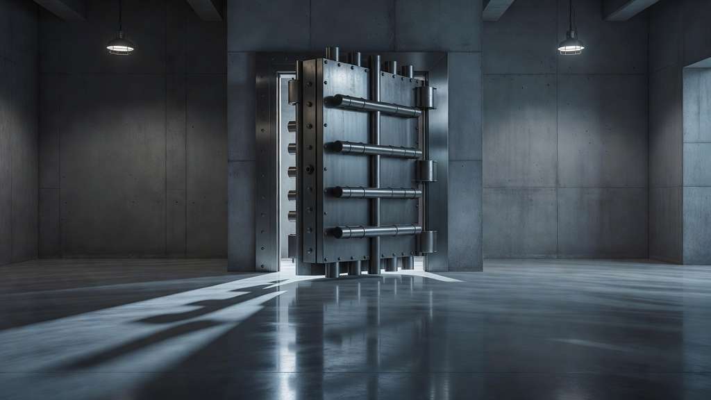 A heavy brushed steel bank vault door standing partially open inside an empty concrete strongroom, lit by two dim industrial pendant lamps that cast long reflections across the polished grey floor