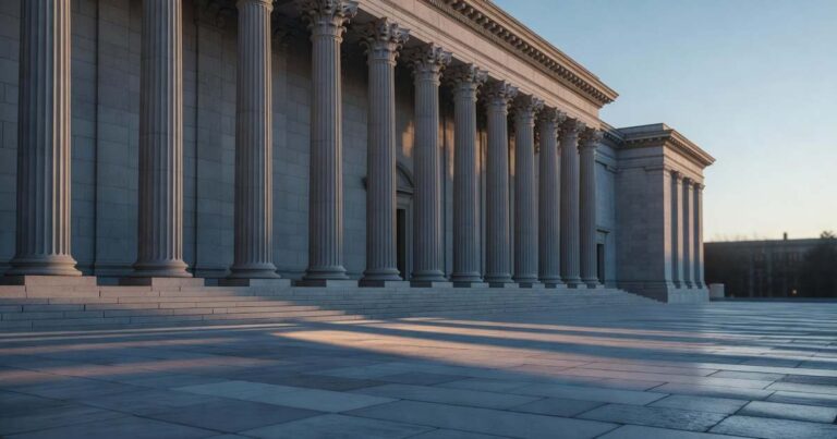 The limestone colonnade of a neoclassical central bank building photographed at dawn from the empty stone plaza, with long shadows falling across the paving and a clear pale blue sky overhead.