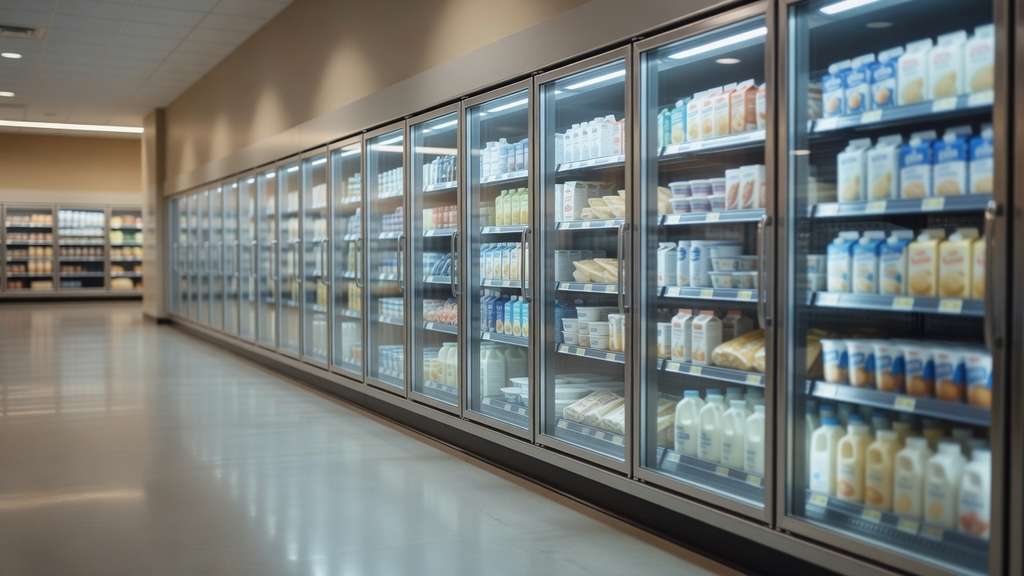 Long refrigerated dairy aisle inside an American grocery store photographed at an angle with a row of tall glass cooler doors receding down the right side of the frame shelves of milk jugs cartons and chilled containers visible behind the glass under cool white refrigeration lighting and an empty polished light grey floor stretching along the left side toward a softly blurred far aisle