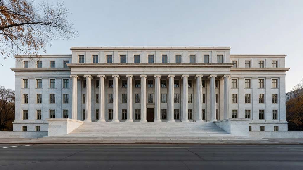 Neoclassical United States government office building photographed straight on from across an empty asphalt street with a white marble facade a central colonnade of tall fluted columns rows of evenly spaced rectangular windows across five stories broad low stone steps spanning the base and bare autumn tree branches entering the upper left corner under flat overcast grey daylight
