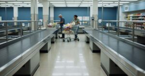 Wide interior view of an American supermarket checkout area photographed from behind the lanes with two empty stainless steel conveyor belt counters running toward the center of the frame chrome queue railings on both sides a pale terrazzo floor reflecting overhead fluorescent light and two shoppers in soft focus in the middle distance loading groceries from a steel shopping cart against deep blue painted walls