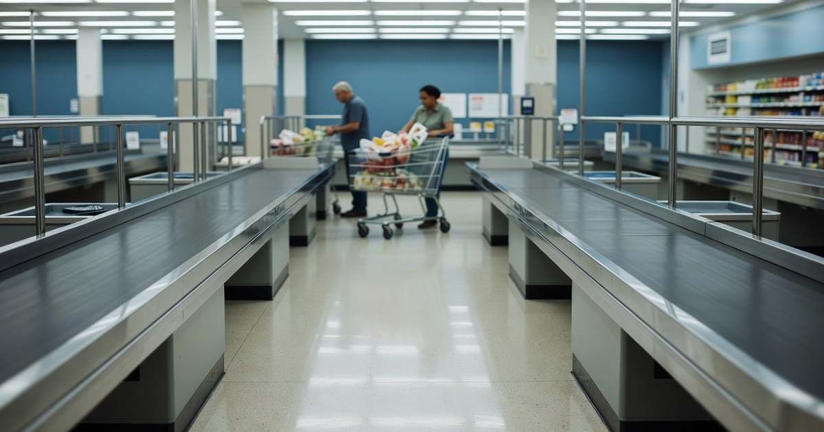 Wide interior view of an American supermarket checkout area photographed from behind the lanes with two empty stainless steel conveyor belt counters running toward the center of the frame chrome queue railings on both sides a pale terrazzo floor reflecting overhead fluorescent light and two shoppers in soft focus in the middle distance loading groceries from a steel shopping cart against deep blue painted walls