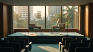 An empty conference stage at a large international monetary summit, with two modern armchairs angled toward each other on a low carpeted dais, a glass side table holding two water glasses, slim black microphone stands, and warm late afternoon sunlight falling through tall glass windows behind the stage.