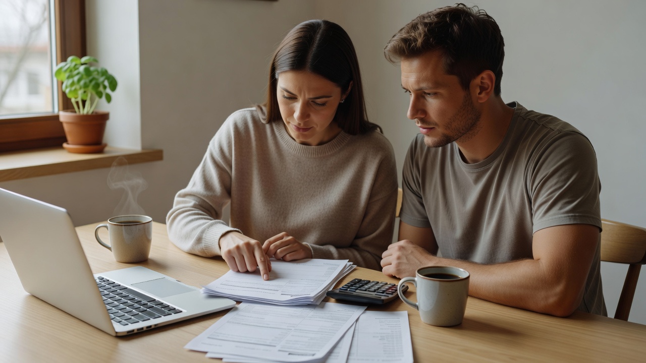 A couple in their thirties seated at a bright kitchen table on a weekend morning, reviewing a stack of paper credit card and loan statements beside an open laptop, with a pocket calculator and two mugs of coffee on the table and soft natural light coming through a nearby window.