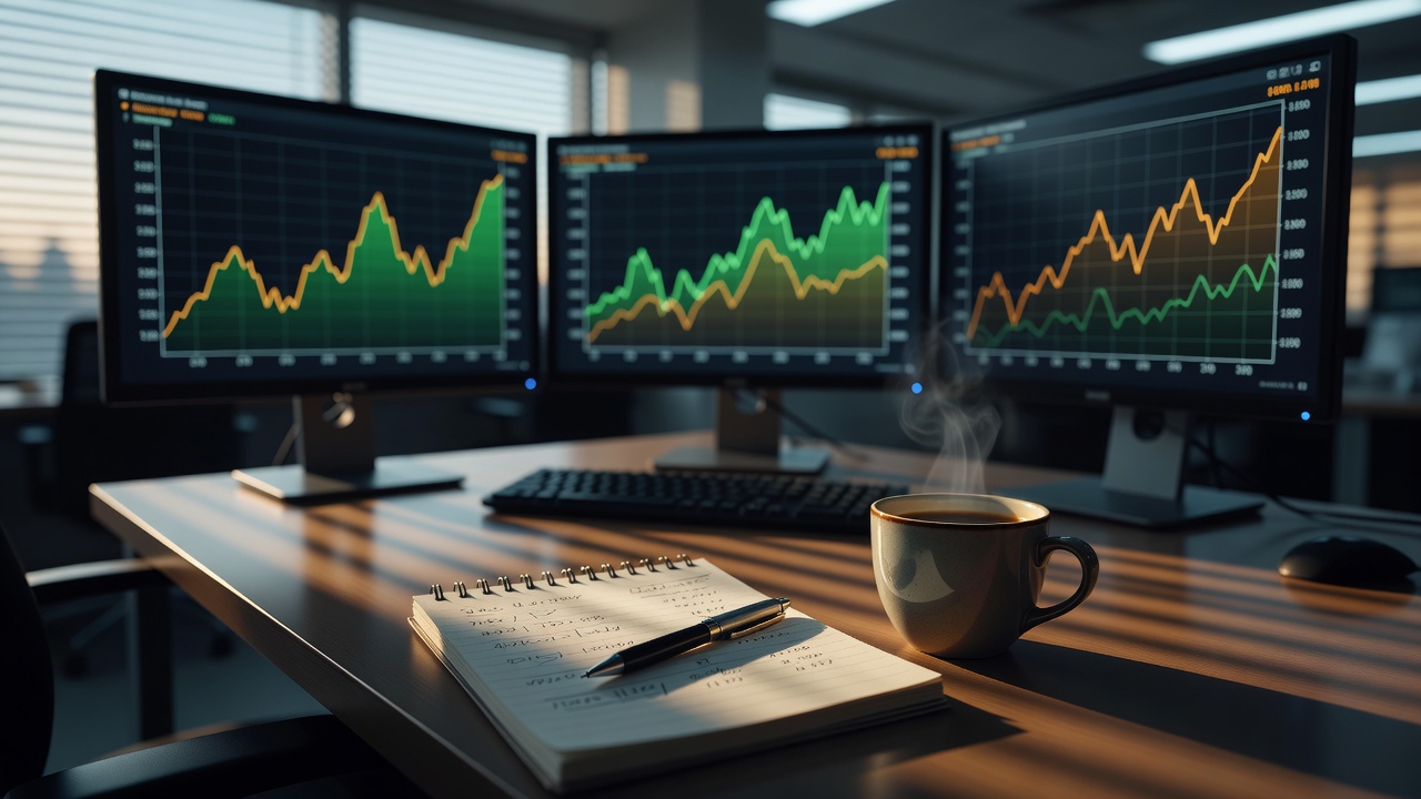 A government bond trading desk late in the trading day, with three curved monitors showing rising and falling line graphs in green and amber, a spiral notepad of handwritten figures beside a ballpoint pen, a cooling cup of coffee, and soft evening light falling in stripes through window blinds.